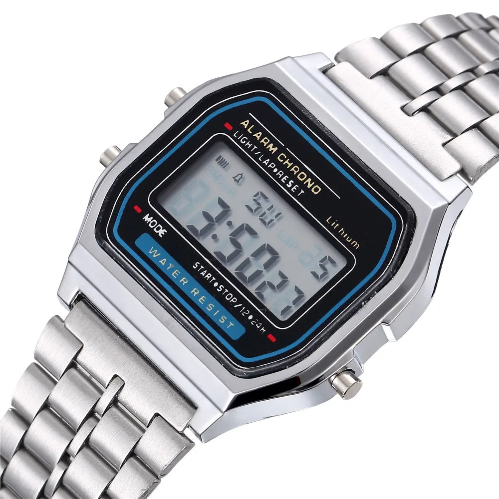 Stainless Steel LED Digital Watch for Men – Business Dress Wristwatch in Gold or Silver