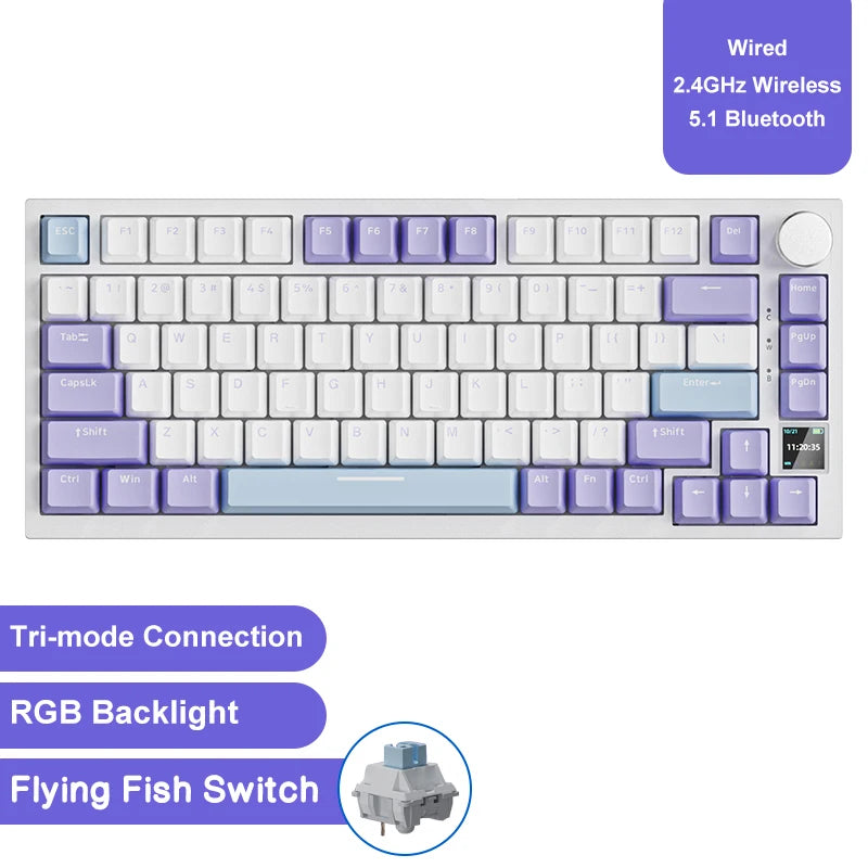 75% Compact Mechanical Gaming Keyboard — Bluetooth 5.1, 2.4GHz & USB-C Wired, Hot-Swappable PBT Keycaps with Metal Volume Knob, RGB