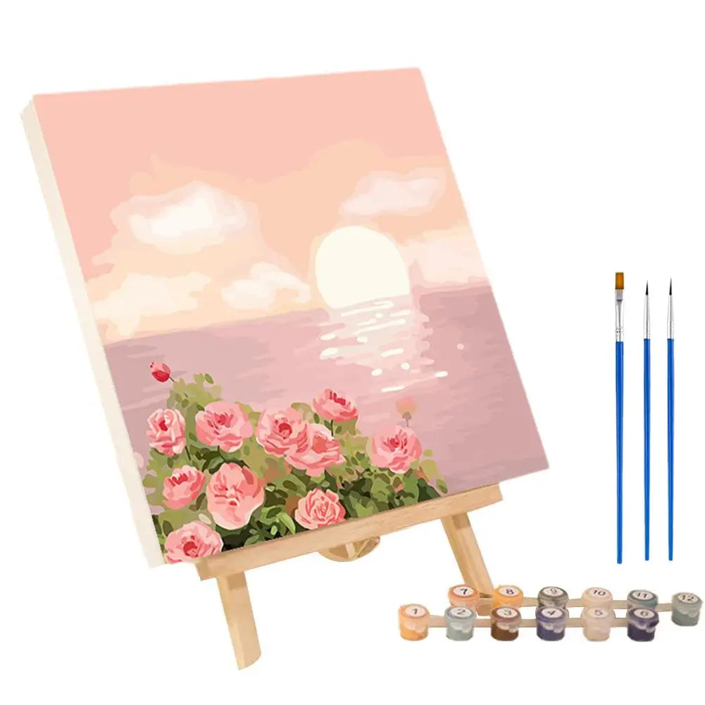 Framed Paint by Numbers Kit - Abstract Sunset Landscape, 20 x 20 cm (7.9 x 7.9 in) Canvas | DIY Gouache Painting Kit for Home Decor