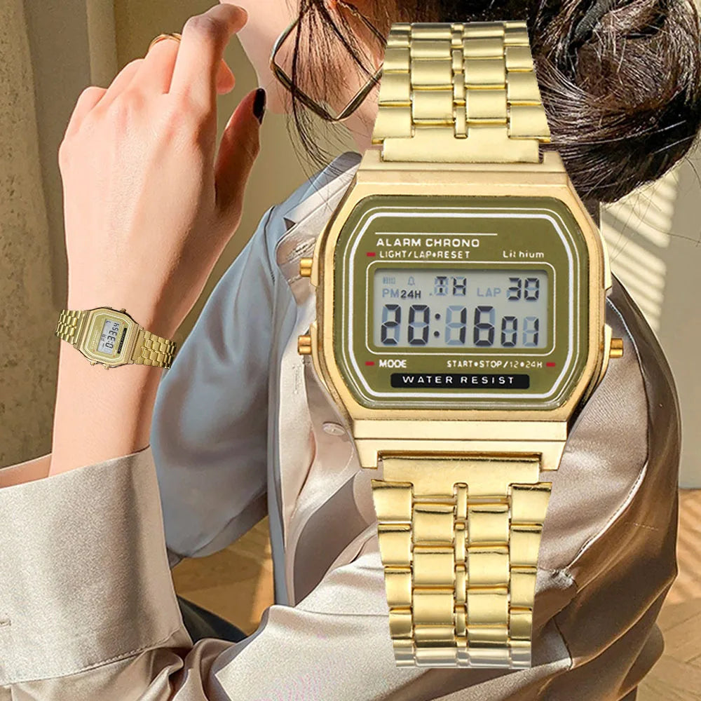 Women's Digital Stainless Steel Watch – Gold & Silver Business Electronic Wristwatch