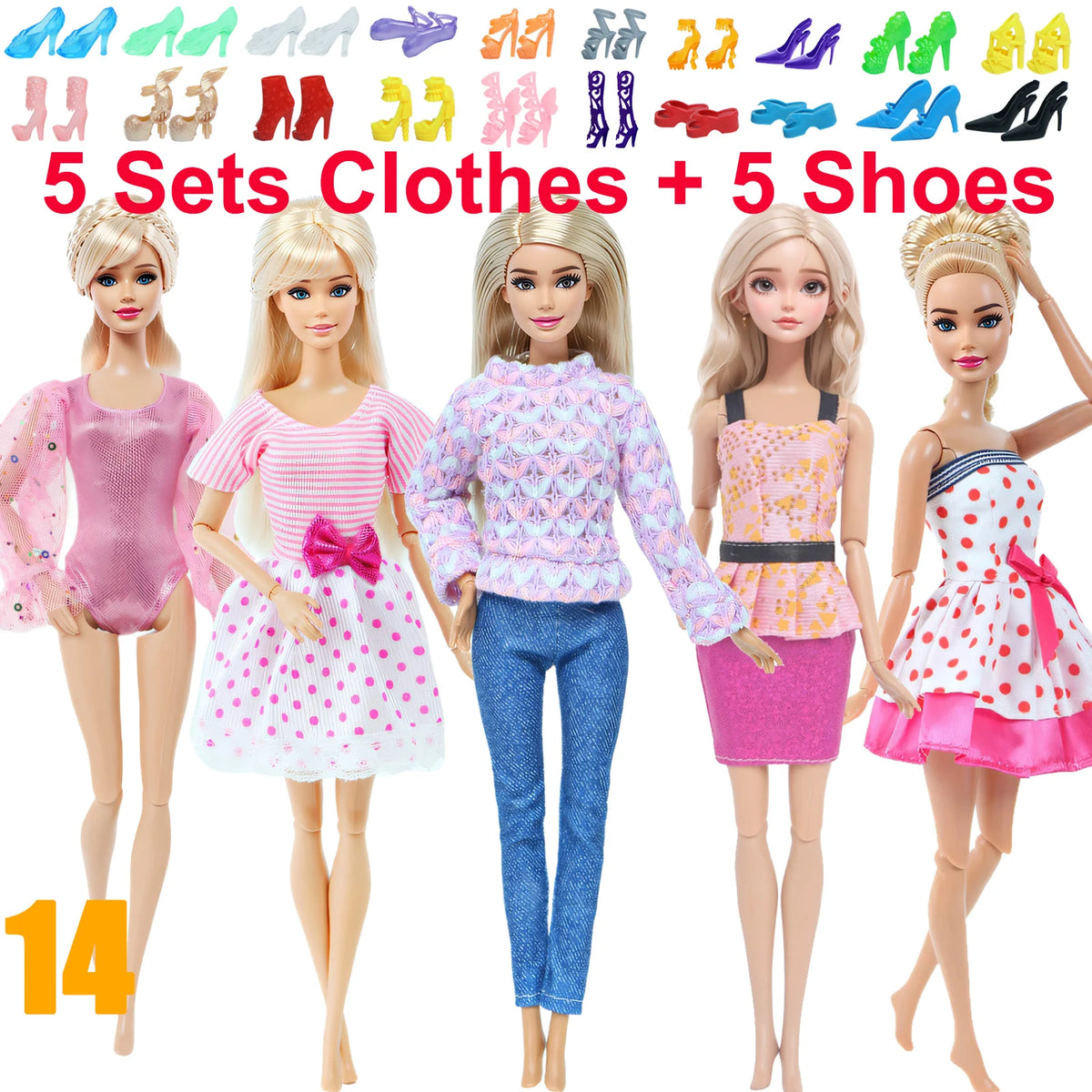 10-Piece 1/6 Scale Doll Clothes Set for 11.5–12 in (30 cm) Dolls — Dresses, Shirts, Pants & Shoes