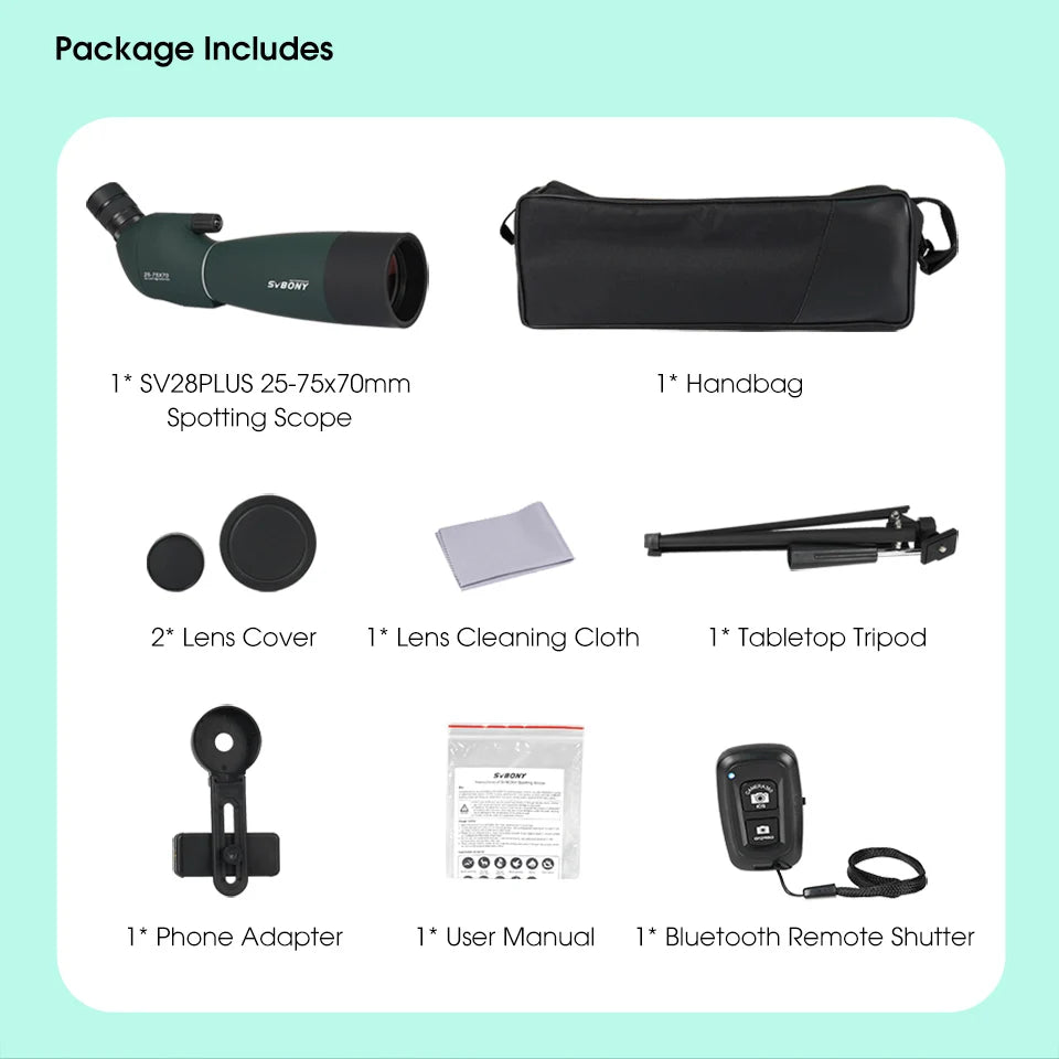 25-75x Spotting Scope — 50/60/70mm Objective Porro Prism Monocular with Phone Adapter & Mini Tripod for Bird Watching, Hunting, Archery, Camping