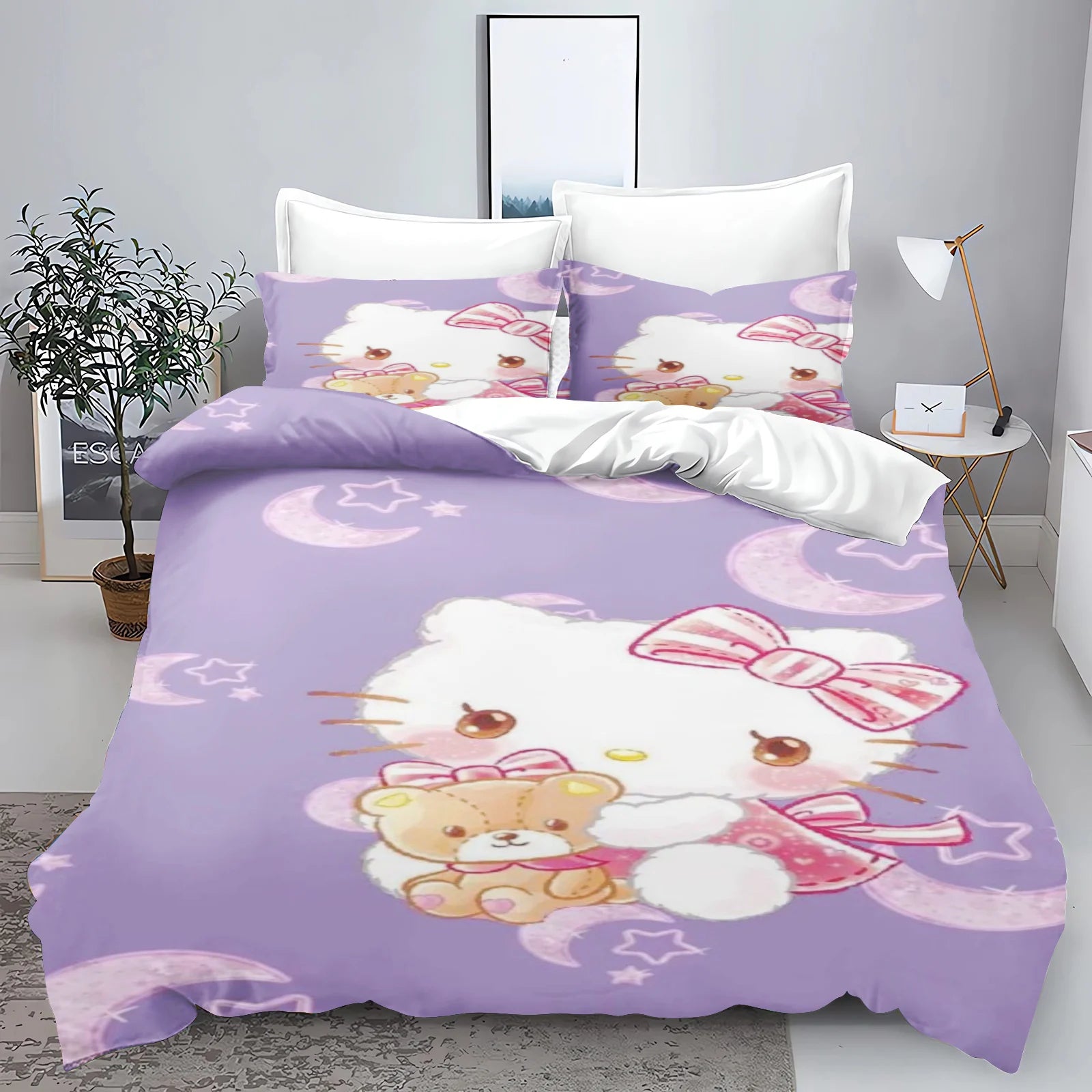 Hello Kitty Kids Bedding Set – 3-Piece Quilt Cover & 2 Pillowcases, 100% Polyester, Printed Cartoon, Multiple Sizes (Twin to King)