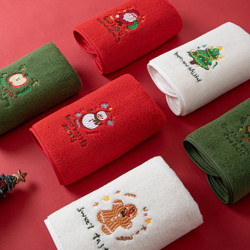 Christmas Coral Fleece Embroidered Hand & Face Towel 35 x 75 cm (13.8 x 29.5 in) Super Plush Absorbent Holiday Gift