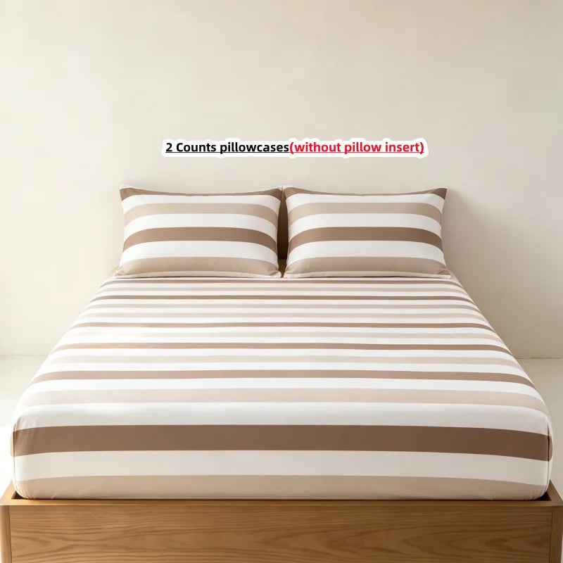 3-Piece Striped Fitted Sheet Set with Elastic Anti-Slip Skirt — 1 Fitted Sheet + 2 Pillowcases, Multiple Sizes (100–220 cm / 39–87 in)