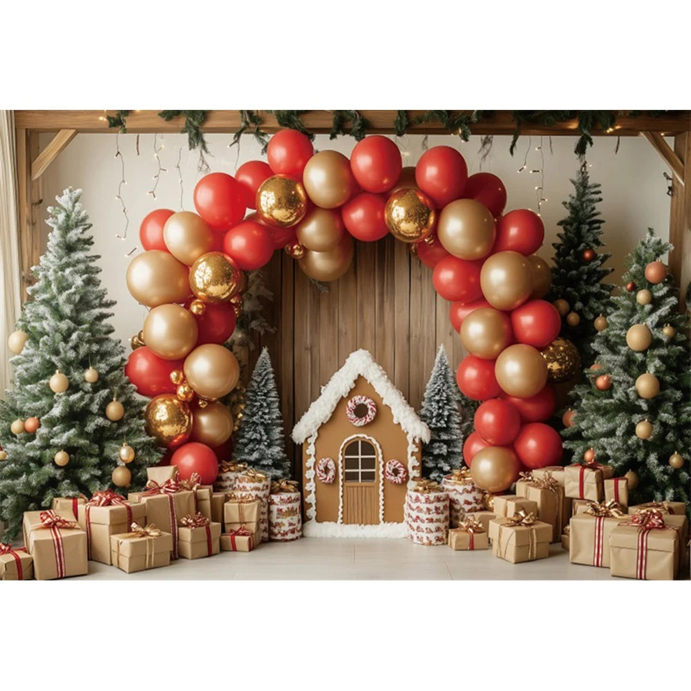 Christmas Fireplace Photography Backdrop — Gingerbread House & Wooden Window Holiday Photo Background for Kids & Family
