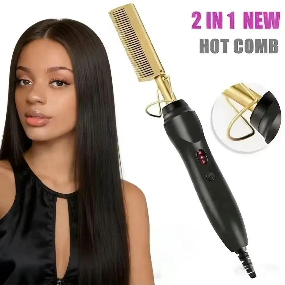 2-in-1 Heated Hair Straightener & Curler Brush – Wet/Dry Tourmaline Ceramic Styling Comb