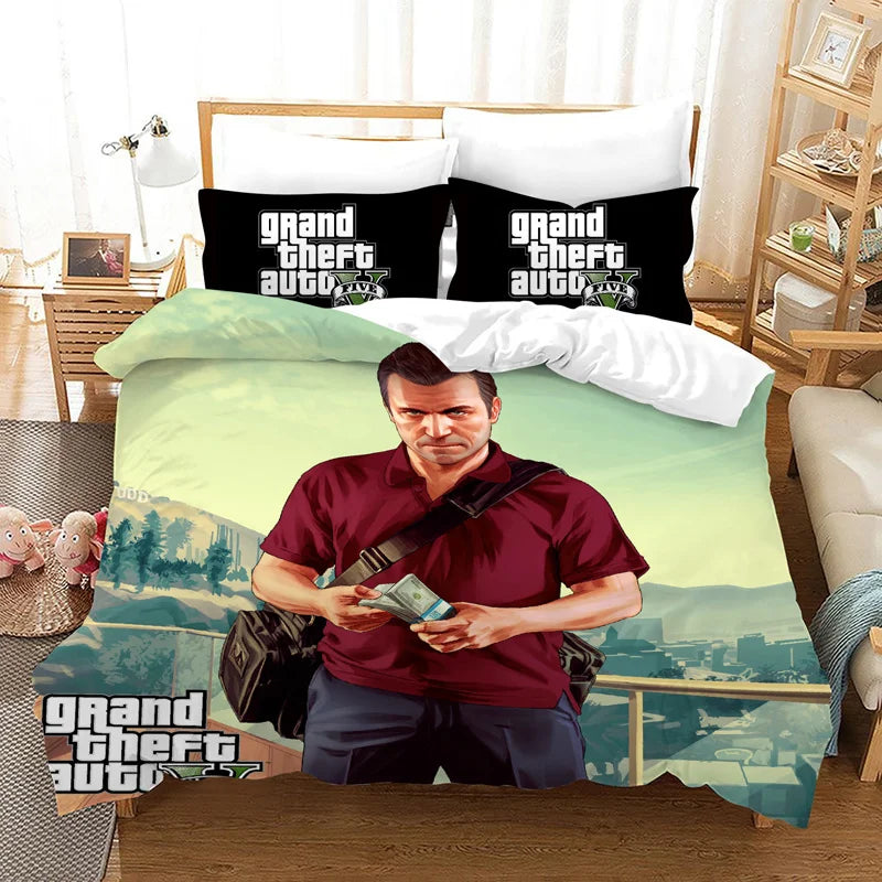 GTA V Cartoon 3-Piece Bedding Set — Printed Duvet Cover & 2 Pillowcases, Twin to King (68×86–104×90 in / 172×218–264×228 cm)
