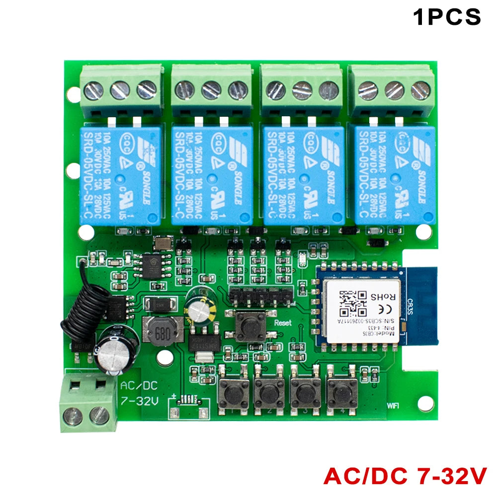 4-Channel WiFi Smart Relay Switch RF433 — AC/DC 7-32V & AC 85-250V Garage Door & Motor Controller