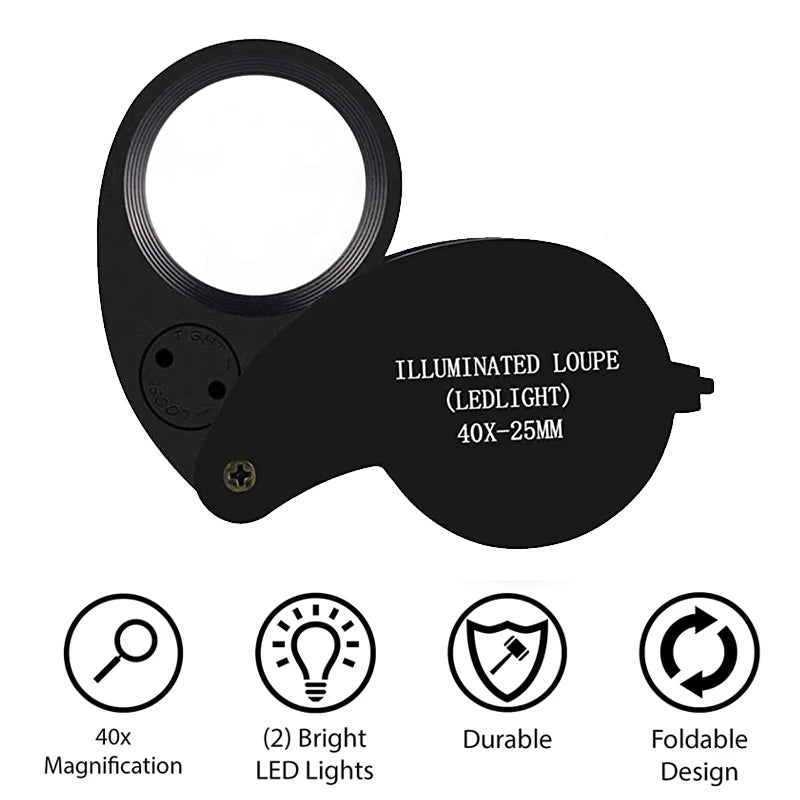 40X Jeweler's Loupe Pocket Folding Magnifier with LED Light for Watches, Coins, Stamps, Gems