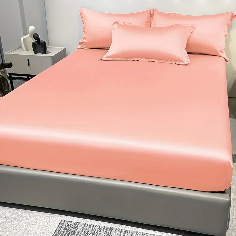 Satin Ice Silk Solid Fitted Sheet — 1-Piece Bed Sheet (Pillowcase Not Included)