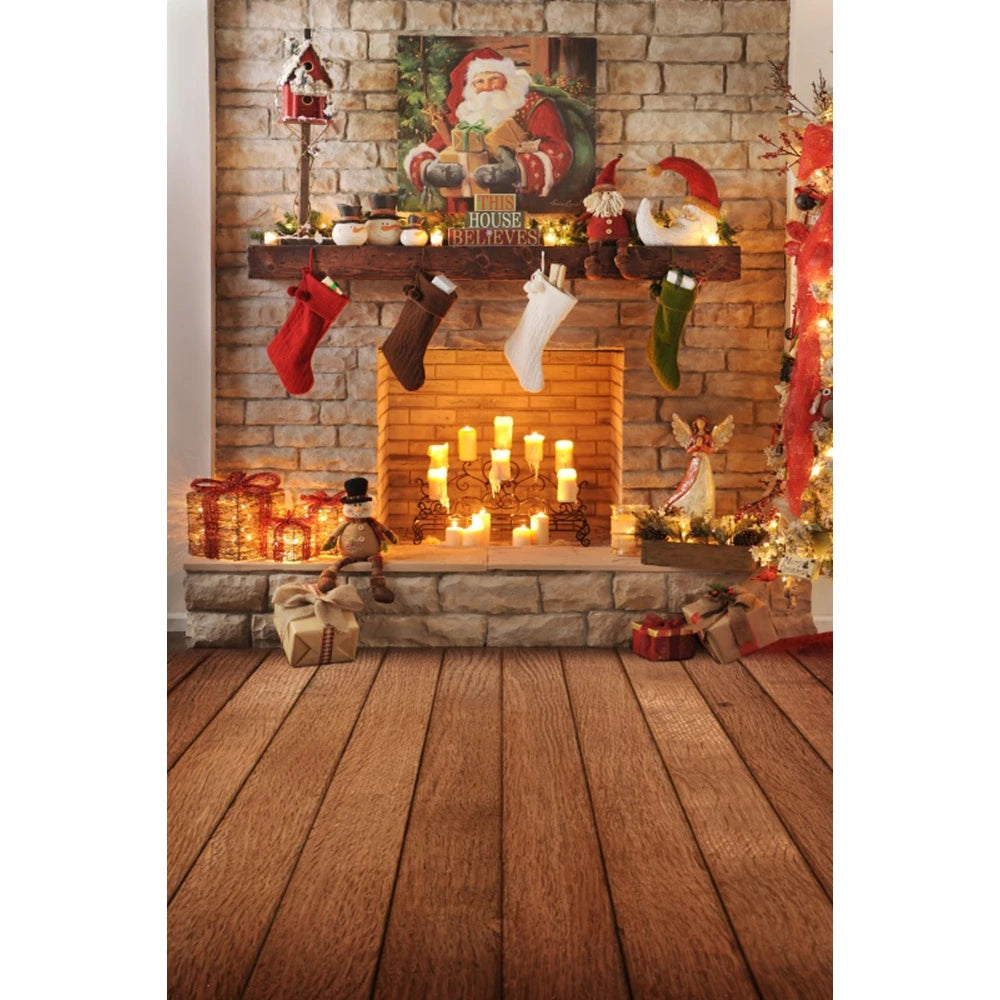 Christmas Photography Backdrop - Santa, Tree & Fireplace Winter Snow Wood Floor Portrait Background