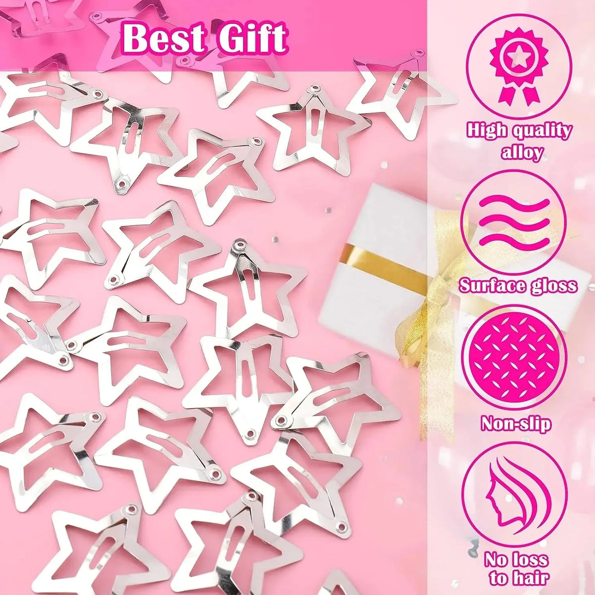 Y2K Silver Star Snap Hair Clips - Metal Barrettes & Hairpins, 10/25/50/100/200-Pack