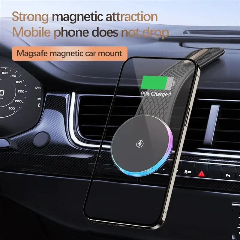 Magnetic 15W Wireless Car Charger Mount - Dashboard Phone Holder, USB-C Fast Charging
