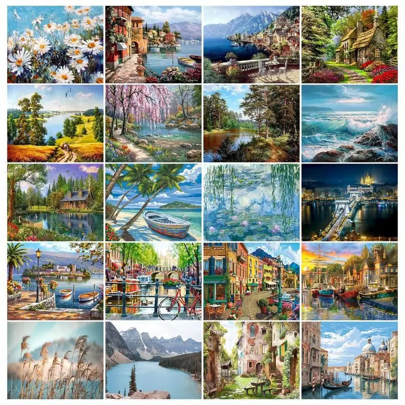 Paint-by-Number Landscape Canvas Kit for Adults — DIY Acrylic Painting Set with Brushes, Paints & Hangers, Multiple Sizes (40×50 cm / 15.7×19.7 in; 50×65 cm / 19.7×25.6 in; 60×75 cm / 23.6×29.5 in)