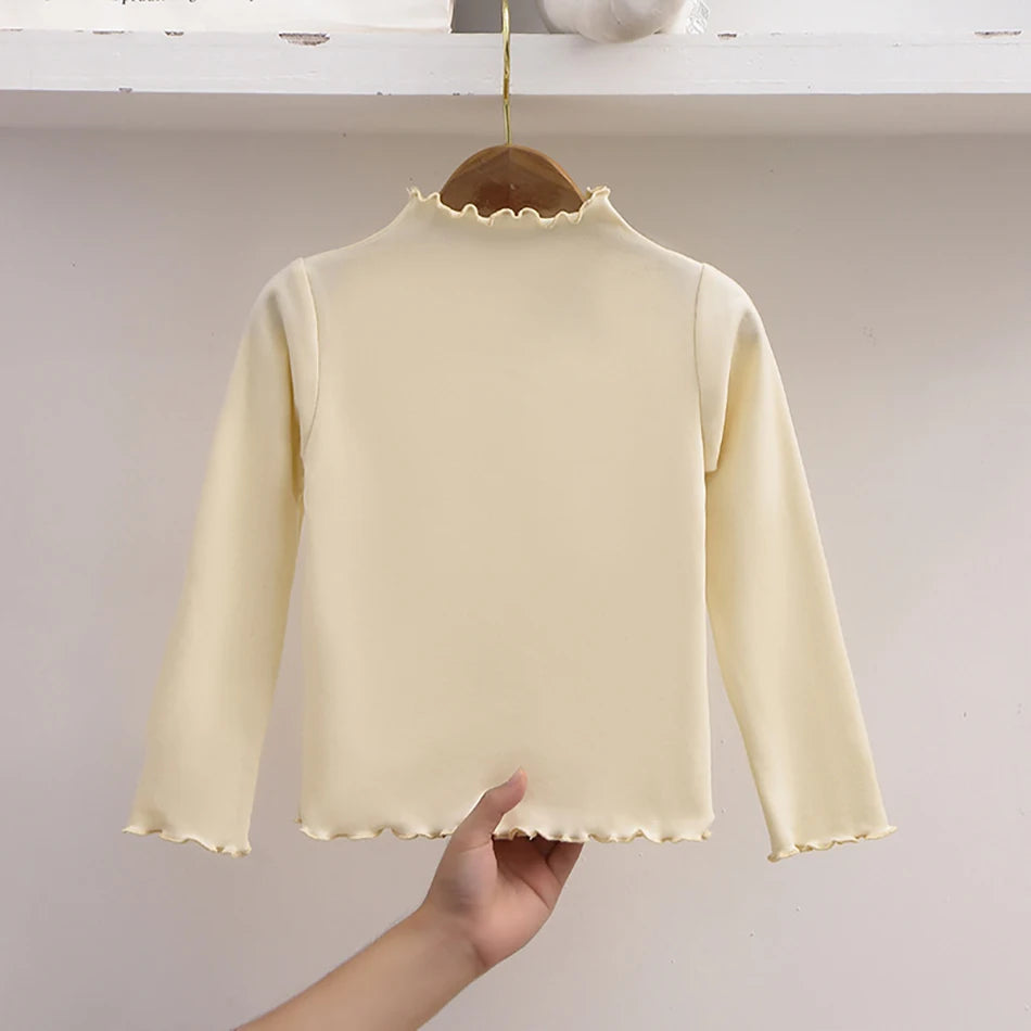 Girls Turtleneck Long Sleeve Lettuce-Edge Knit Tee – Solid Color Autumn Winter Top