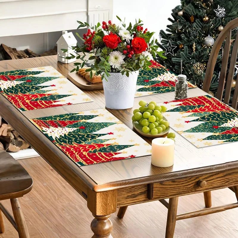 Linen Christmas Tree Placemats – Holiday Rectangle Table Mats for Kitchen & Dining, Navidad Noel