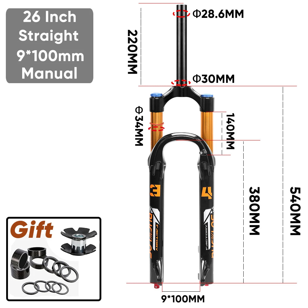 MTB Air Suspension Fork 140mm Travel (5.5in) - 26/27.5/29-inch Wheels - 9x100mm QR Axle - 34mm Stanchion, 28.6mm Steerer