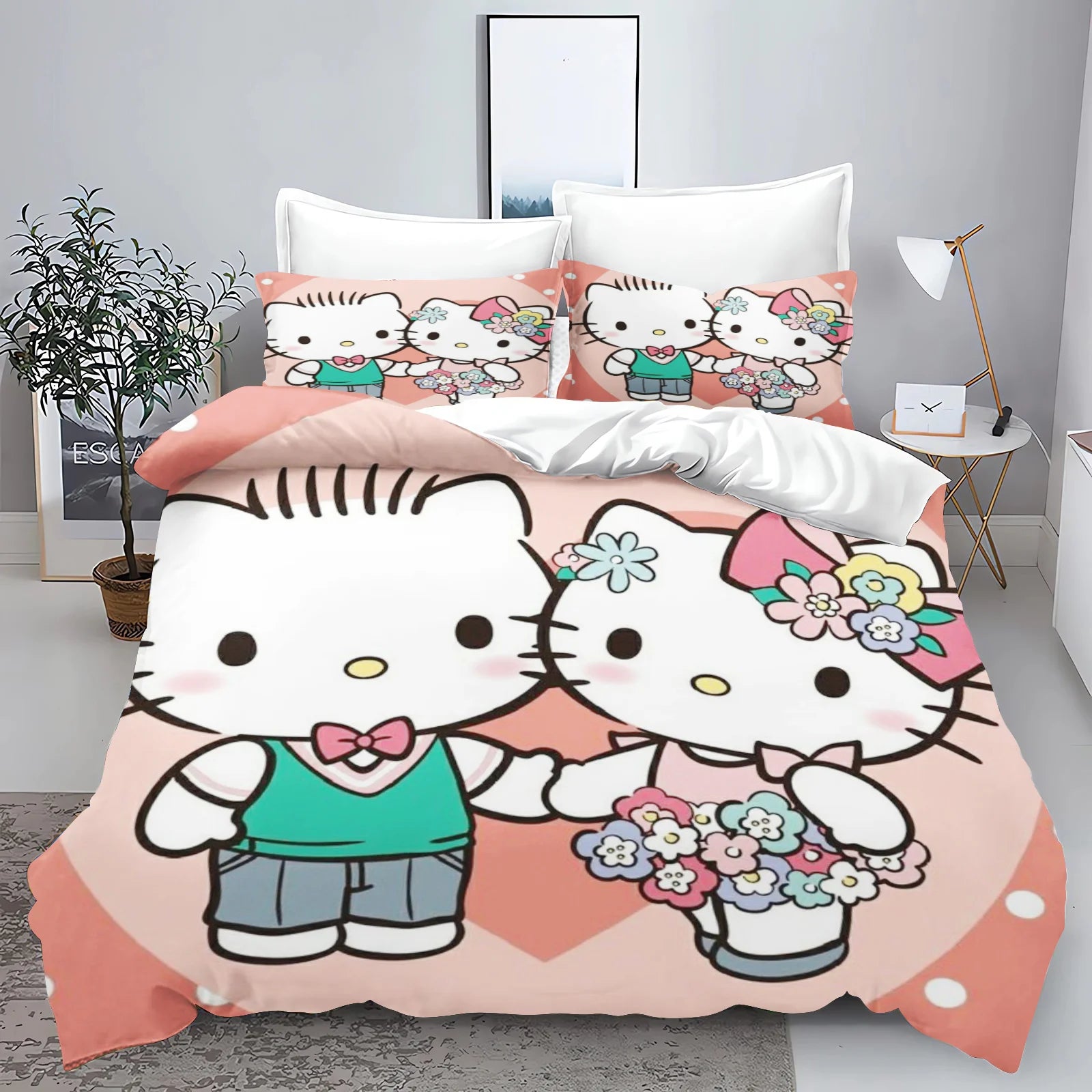 Hello Kitty Kids Bedding Set – 3-Piece Quilt Cover & 2 Pillowcases, 100% Polyester, Printed Cartoon, Multiple Sizes (Twin to King)