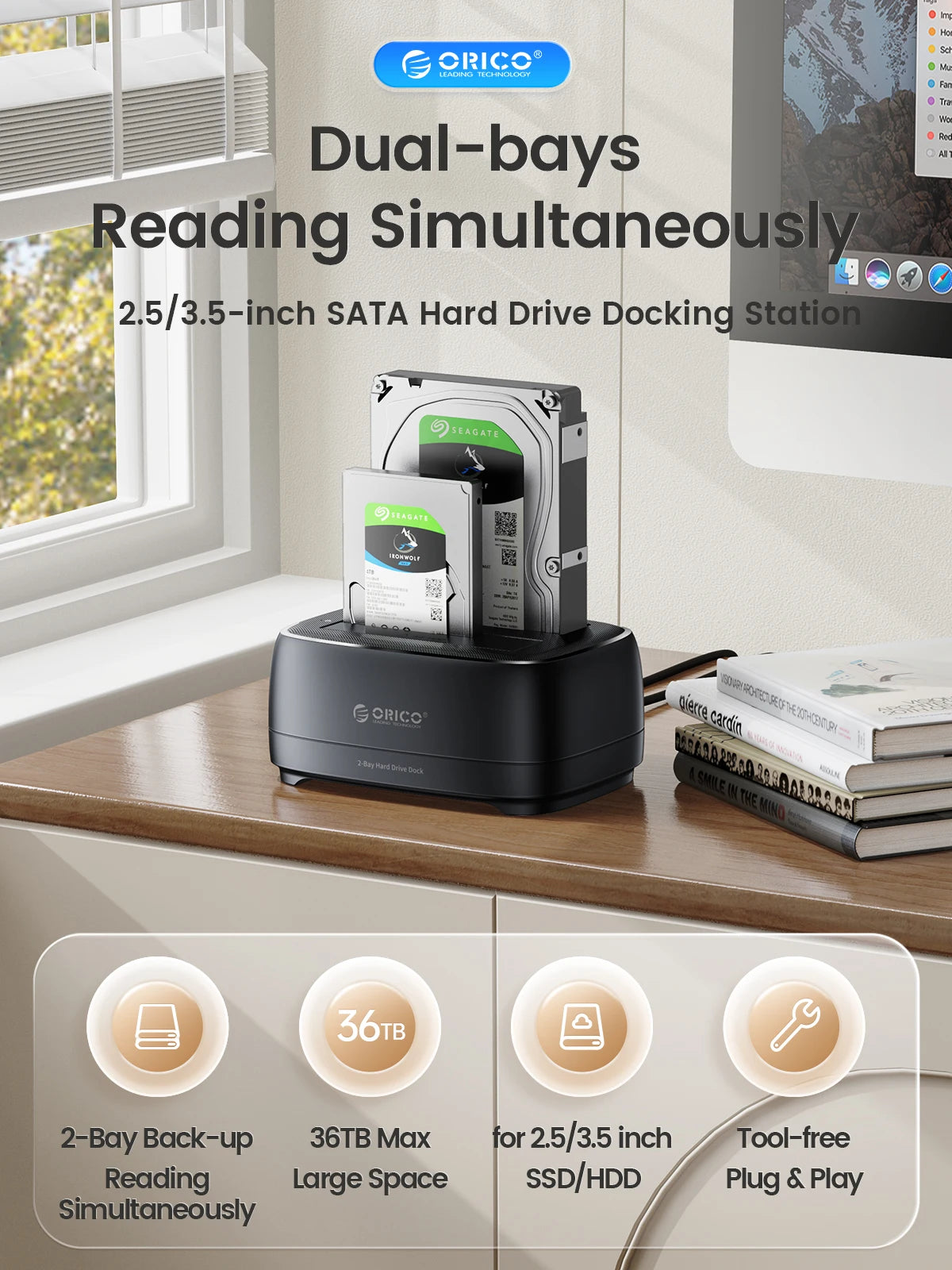 Dual-Bay HDD/SSD Docking Station USB 3.0 Type-C 5Gbps for 2.5"/3.5" Drives with 12V 3A Power Adapter (Supports up to 36TB)