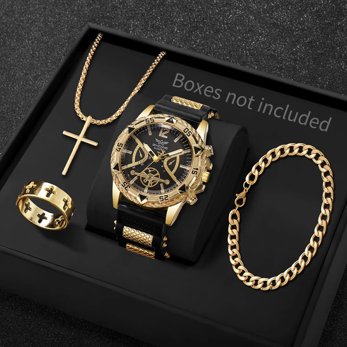 4-Piece Men's Arabic Numeral Quartz Watch Set - 45mm (1.77 in) Business Casual Wristwatch with Bracelet, Necklace & Ring