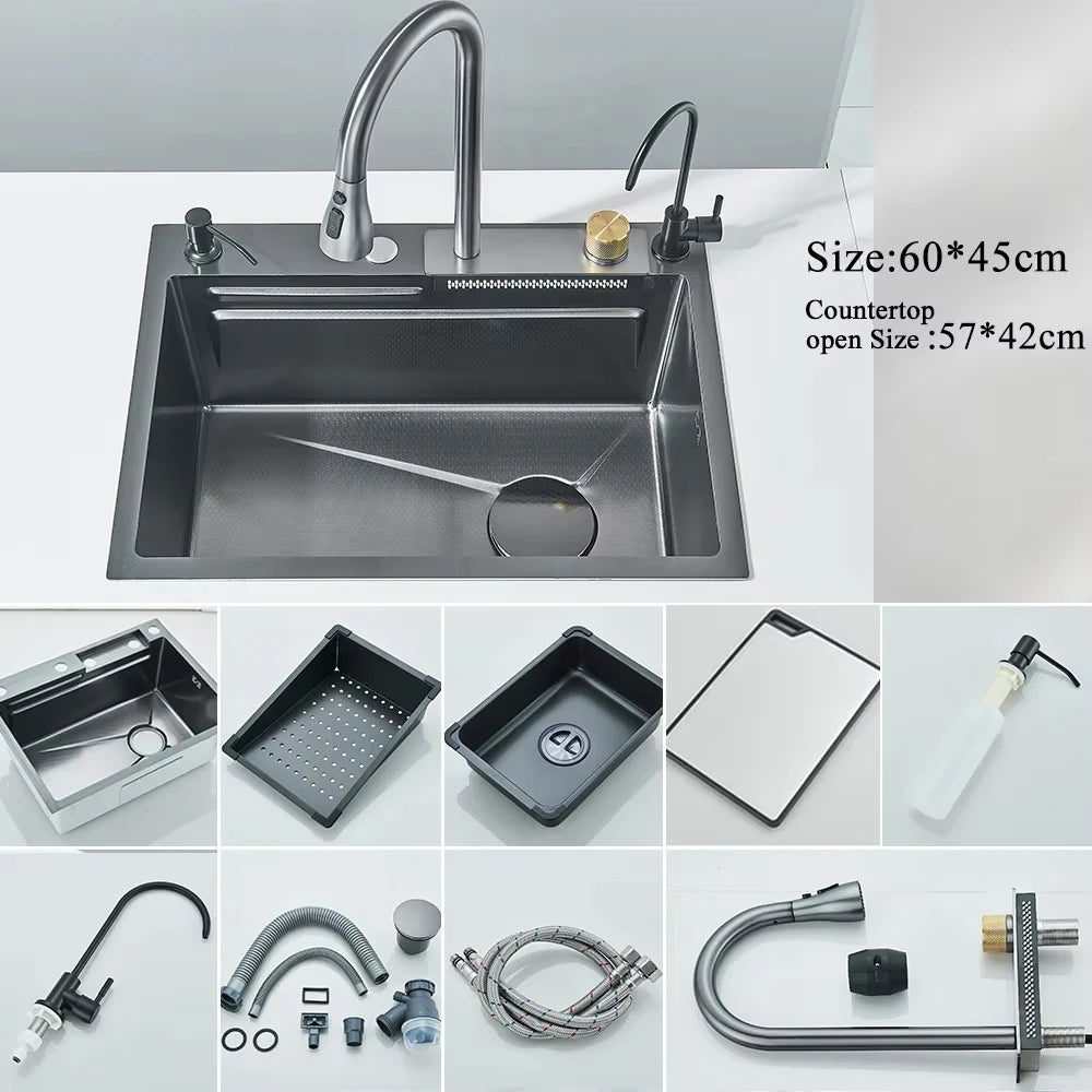 304 Stainless Steel Undermount Kitchen Sink Single Bowl 75 x 45 cm (29.5 x 17.7 in) Brushed Finish with Waterfall Faucet, Digital Display and Soap Dispenser