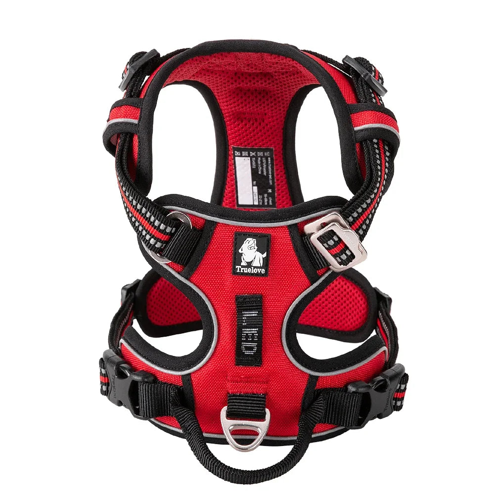Adjustable Padded Dog Harness with Handle – Reflective Nylon, Front & Back Leash Attachments, Quick-Release Vehicle Safety Harness