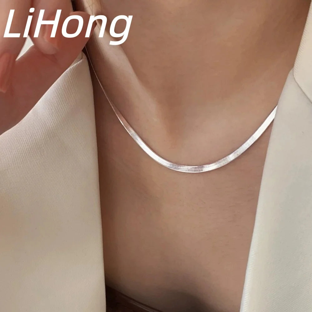 925 Sterling Silver 4mm (0.16 in) Flat Snake Blade Necklace 16-24 Inch (40.6-61.0 cm) Adjustable Clavicle Chain Unisex Gift