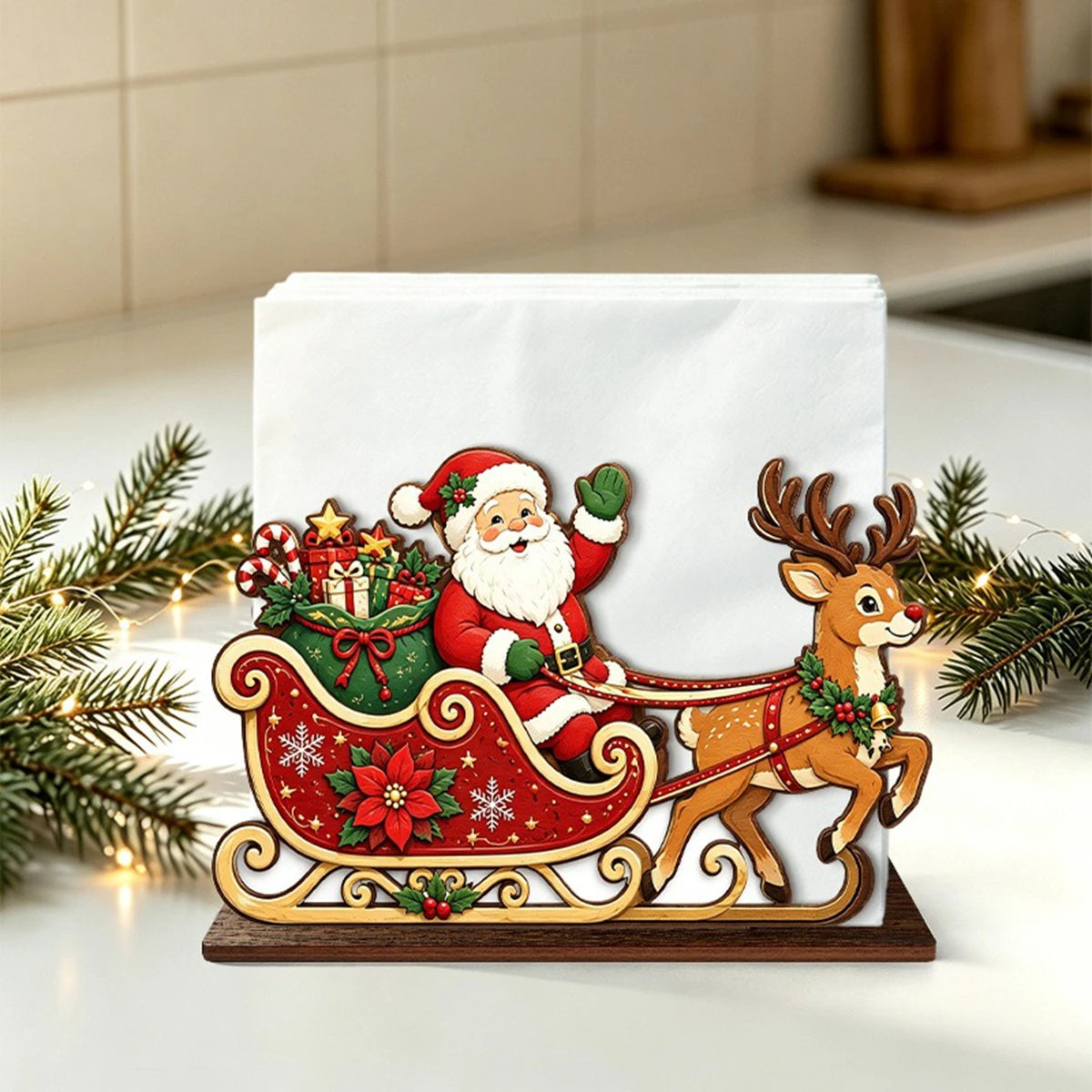 Santa Claus Wooden Napkin Holder - Holiday Tabletop Napkin & Tissue Holder, Christmas Dining Decor