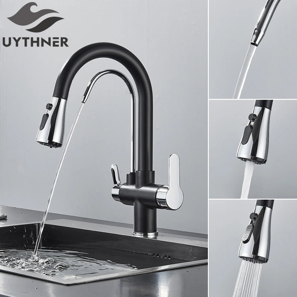 Brass Kitchen Water Filter Faucet Dual-Spout Mixer – 360° Swivel Filtered Drinking Tap, Hot & Cold