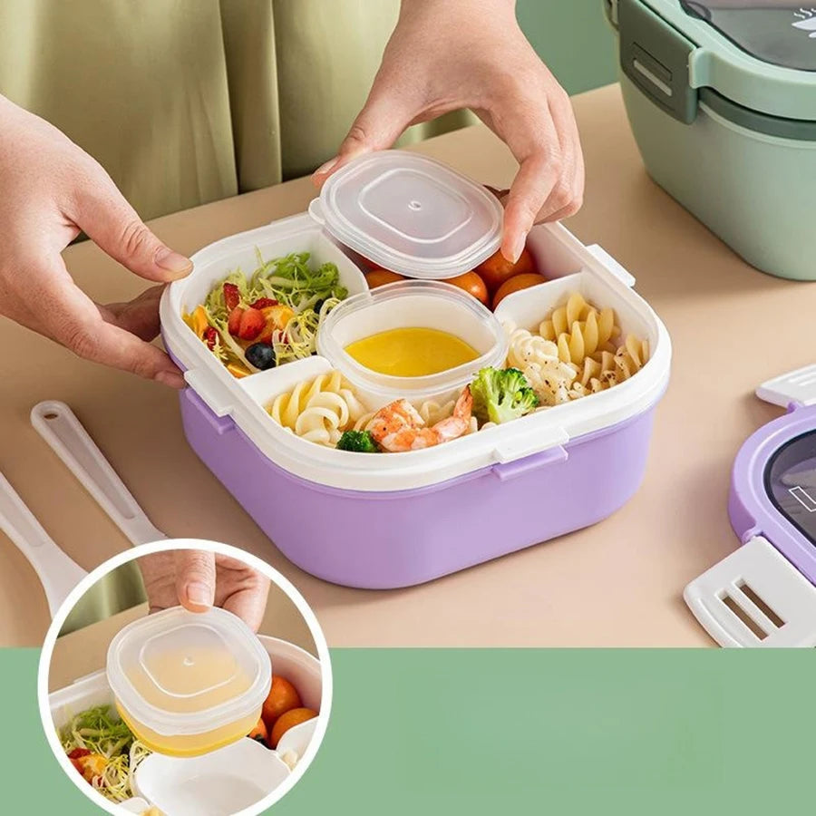 Double Stackable 50 oz (1.48 L) Lunch Box - 4-Compartment Salad Bowl with 3 oz (90 ml) Sauce Cup & Built-In Fork & Spoon