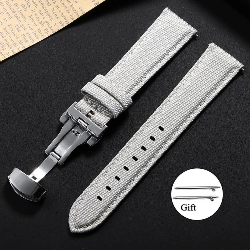 Sailcloth Nylon Leather Watch Strap 20mm 22mm Quick-Release Waterproof Butterfly Clasp Unisex Business Watch Band
