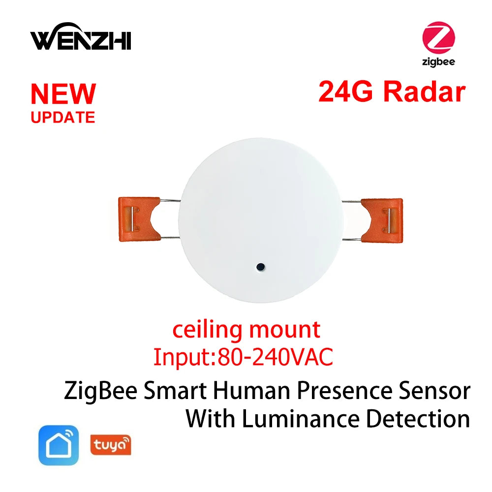 ZigBee WiFi mmWave Human Presence Motion Sensor with Luminance & Distance Detection, AC 80–240V / USB 5V Smart Home