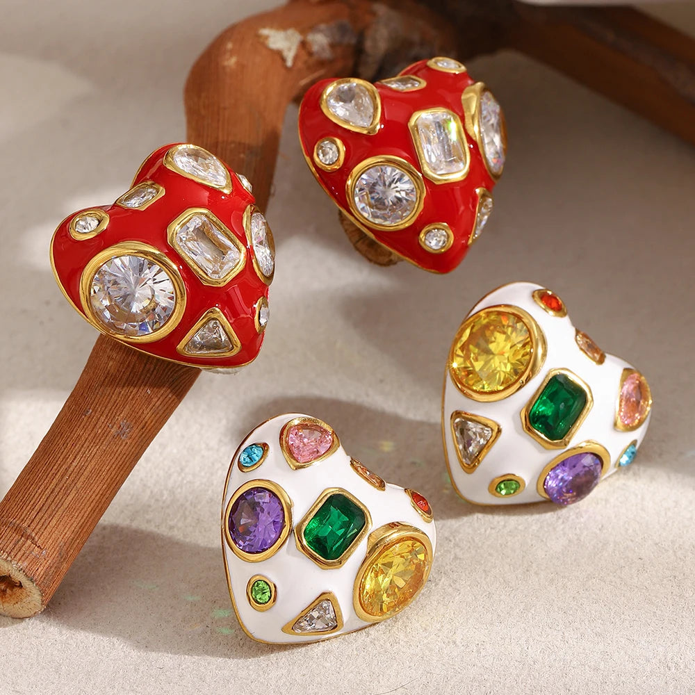 316L Stainless Steel Heart Zircon Stud Earrings - 18K Gold Plated Waterproof Hypoallergenic Women's Party Jewelry