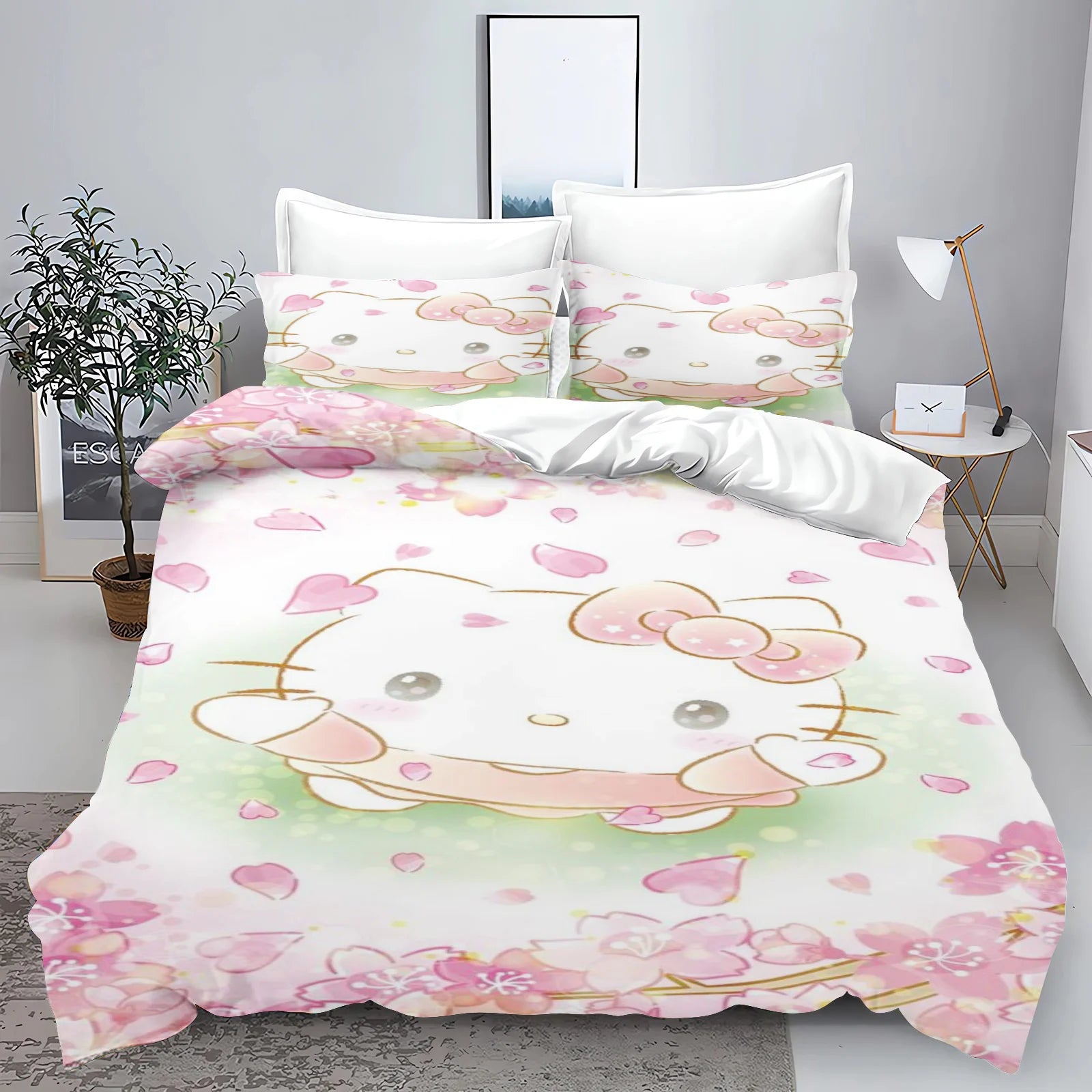 Hello Kitty Kids Bedding Set – 3-Piece Quilt Cover & 2 Pillowcases, 100% Polyester, Printed Cartoon, Multiple Sizes (Twin to King)