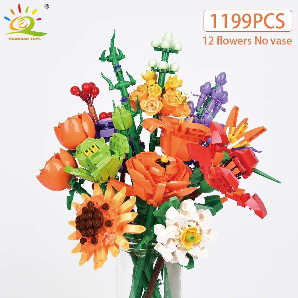 MOC Flower Building Blocks 3D Bouquet Kit - Sunflower & Rose DIY Brick Set, Small LEGO-Compatible Pieces, Educational Toy & Home Decor