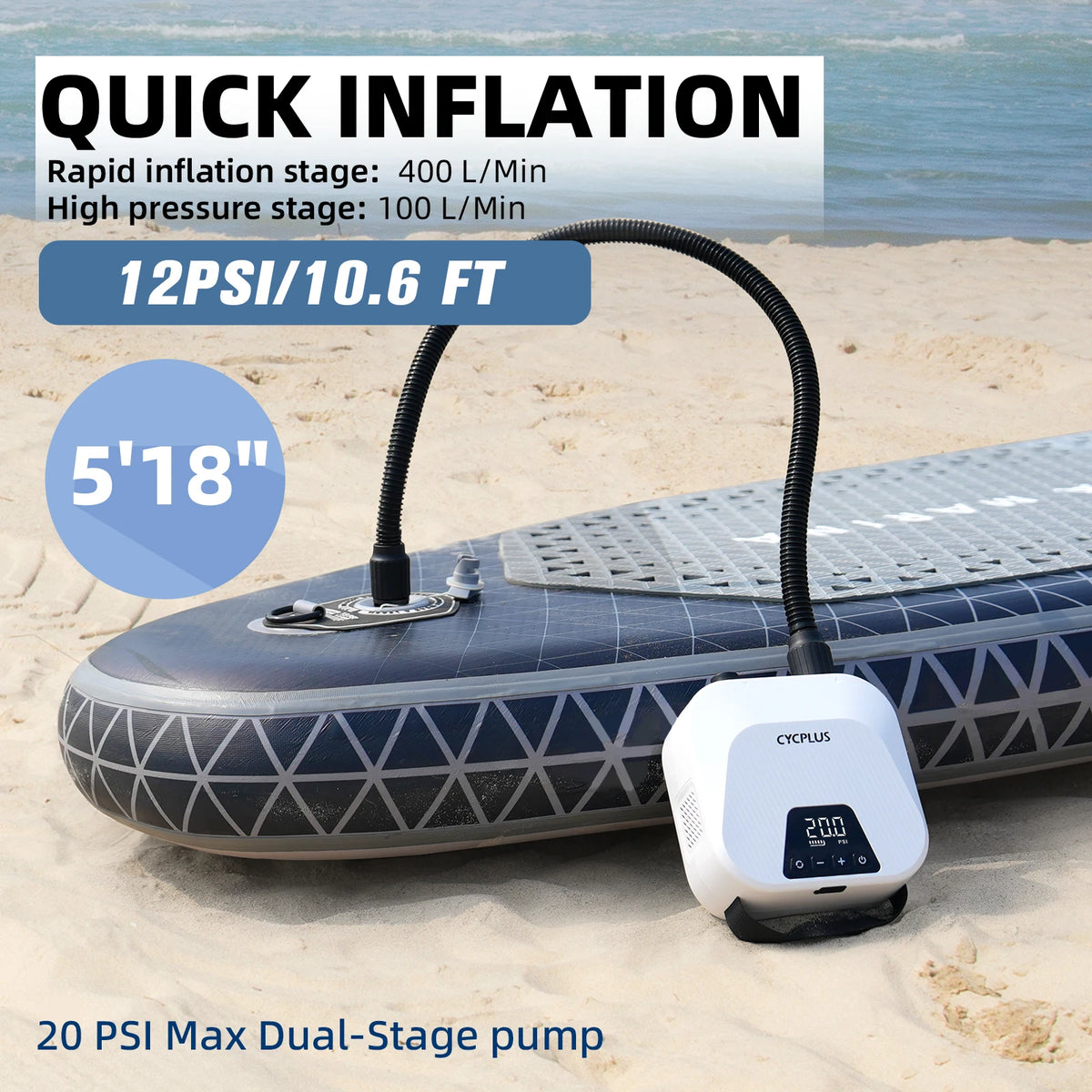 20 PSI Cordless Electric SUP Pump 38.48Wh Battery - Portable Inflator for Paddle Boards, Inflatable Boats & Air Mattresses