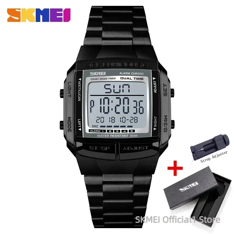 Men's Waterproof LED Digital Sport Watch – 30M (3ATM) Water Resistant, Stainless Steel Band, Military Style