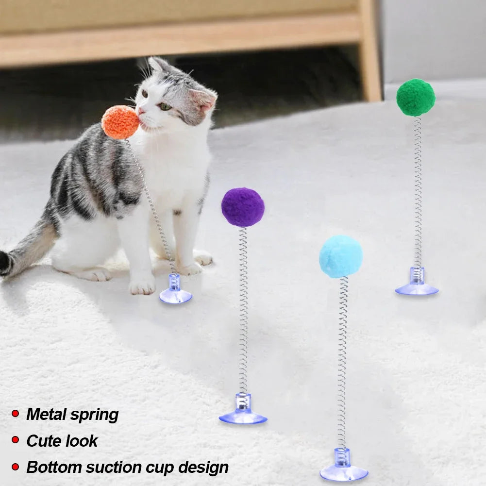 Interactive Cat Teaser Toy with Suction Cup — Fur Ball Spring Wand, Hands-Free Cat Toy (Random Color)