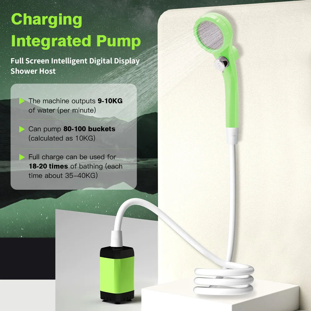 Portable Camping Shower Pump 6000mAh – USB Rechargeable RV Outdoor Shower Kit with Full-Screen Digital Display & Adjustable Energy-Saving Mode