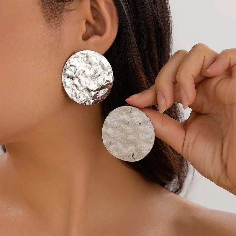 Large Gold Oval Geometric Stud Earrings - Textured Metal Statement Jewelry for Women