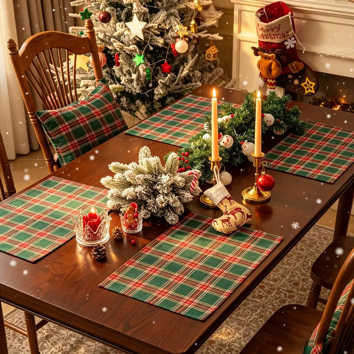 Christmas Tartan Plaid Placemats - 2/6/12 Pack Washable Table Mats for Holiday Dining & Party Decor