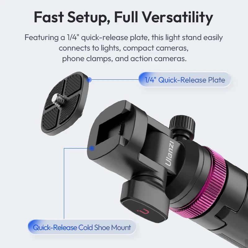Quick-Release Light Stand Tripod with Cold Shoe Mount — Adjustable 16–79 in (40.5–201 cm), 1 kg Load for Smartphone & COB LED Lights