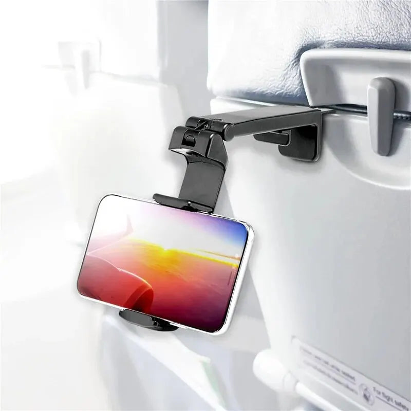 Universal Foldable Airplane Phone Holder – 360° Rotating Portable Travel Clip-On Mount for Desk, Tray Table & Train