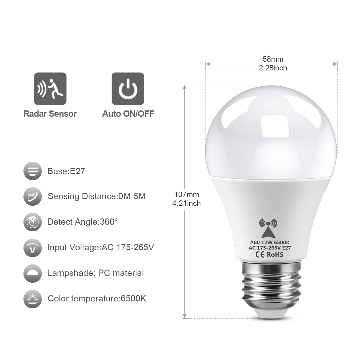 2-Pack LED Motion Sensor Night Light — Radar Microwave Induction, E27 12W, Auto On/Off in Dark, 110–220V for Bedroom & Nursery