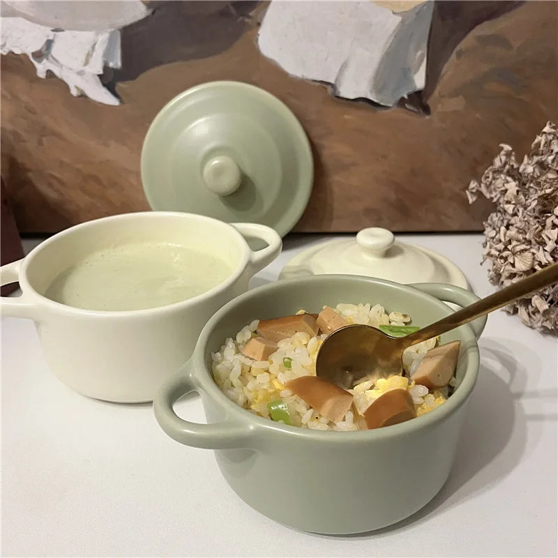 Porcelain Covered Bowl with Double Handles 220ml (7.4 fl oz) — Microwave, Air Fryer & Oven Safe