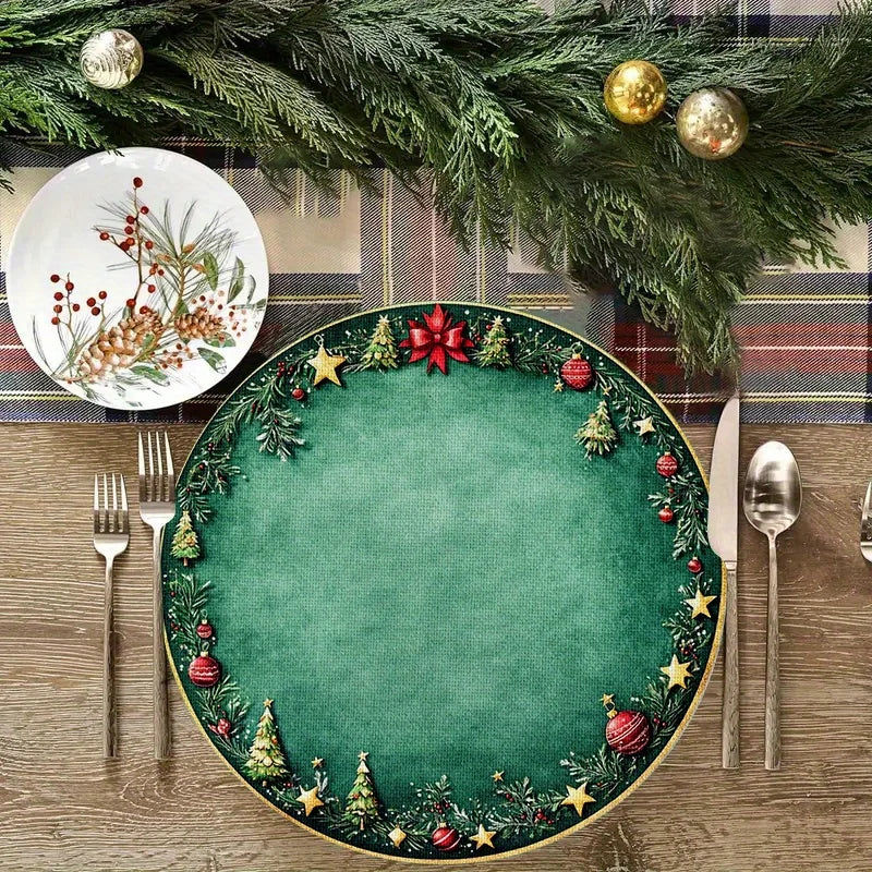Christmas Placemats Set of 4 – 15 x 15 in (38 x 38 cm) Green & Gold Holiday Table Mats with Tree & Red Bow