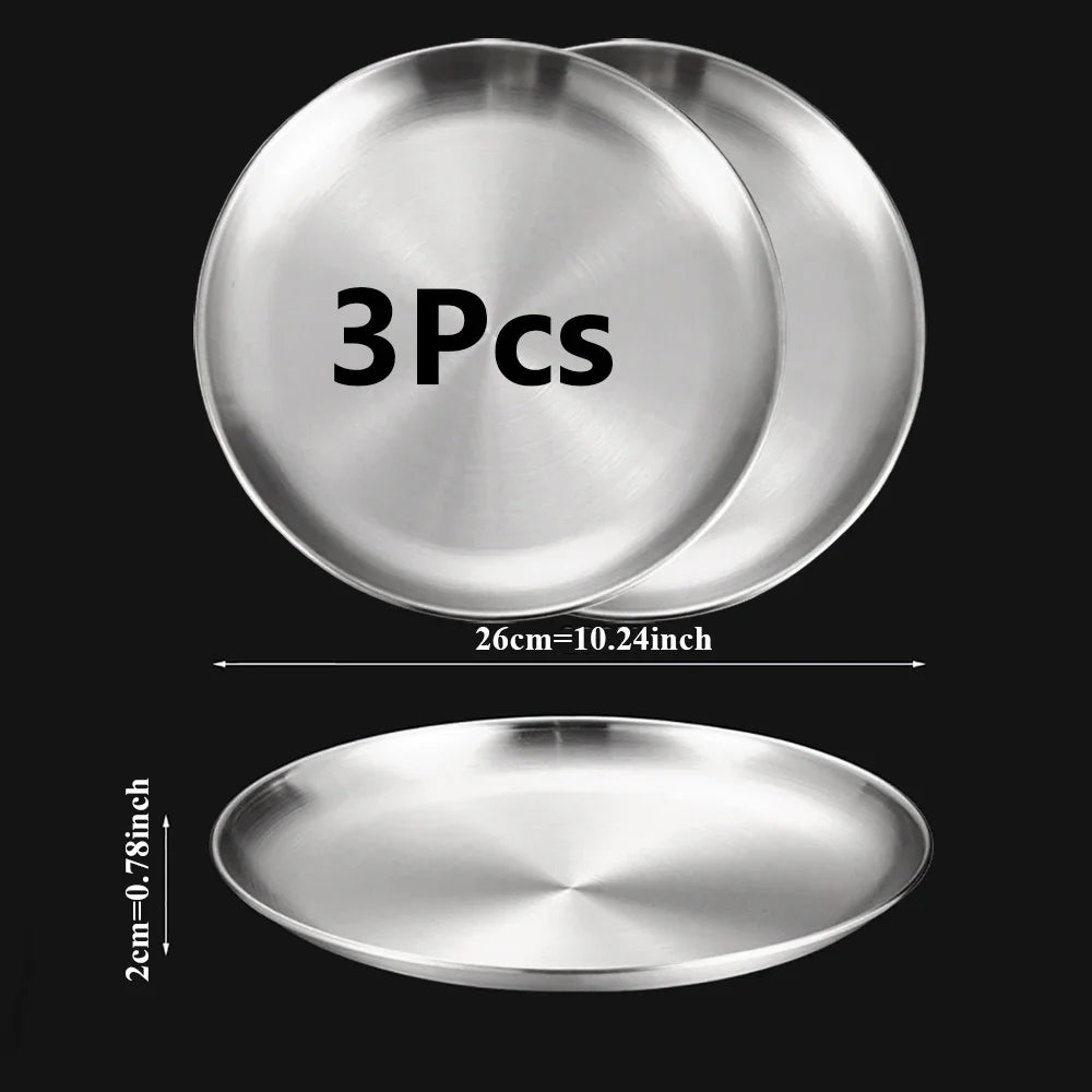3-Piece Stainless Steel Round Shallow Plates Set – Rust-Resistant Camping, BBQ & Picnic Dishes (14–30 cm / 5.5–11.8 in)