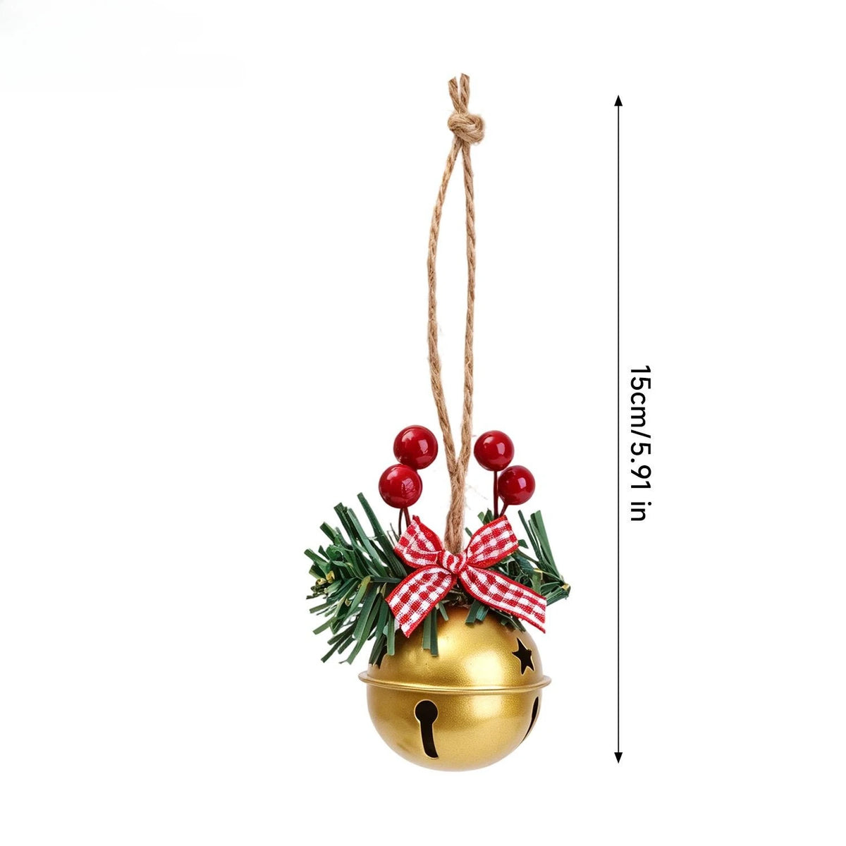 Metal Christmas Star Jingle Bell Ornaments with Red Berry Bow – Tree Decorations, Pack of 1/3/5/10/20