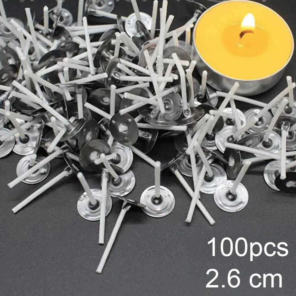 Pre-Waxed Cotton Candle Wicks 100-Pack (2.6–20 cm / 1.0–7.9 in) with Metal Bases, Adhesive Stickers & Holders — DIY Candle Making Kit